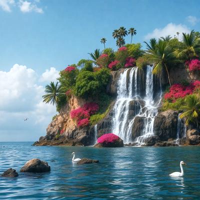 The primary subject of the image is a beautiful island with a waterfall, surrounded by a lush tropical environment. The island is covered in greenery, including palm trees and flowers, creating a serene and picturesque scene. The waterfall adds a sense of natural wonder to the landscape. The visual style of the image is a combination of photo and digital art, creating a realistic yet artistic representation of the tropical island. The colors and mood of the image are predominantly warm and vibrant, with the greenery